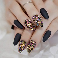 Coolnail 3D Press On Nails Rose Black Bling Gems Matte Stiletto Fake False Nails Almond Frosted Oval Short Pointed Full Cover Fa