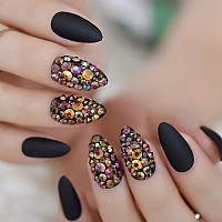 Coolnail 3D Press On Nails Rose Black Bling Gems Matte Stiletto Fake False Nails Almond Frosted Oval Short Pointed Full Cover Fa