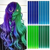 24 Pieces Party Highlights Clip in Colored Hair Extensions Colorful Hair Extensions 20 inches Straight Synthetic Hairpieces(Blue+Dark blue+Green+Grass green)