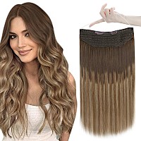 Easyouth Wire Hair Extensions Human Hair Layered Fish Line Hair Extensions Dark Brown Balayage Chestnut Brown Ash Blonde Human H