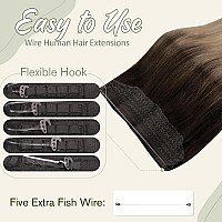 Easyouth Wire Hair Extensions Human Hair Layered Fish Line Hair Extensions Dark Brown Balayage Chestnut Brown Ash Blonde Human H