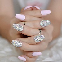 Coolnail 3D Ab Rhinestones False Nails Pink Color Candy Coffin Frosted Matte Flat Full Cover Handmade Bride Fake Nail Tips