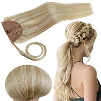 Runature Ponytail Extension Human Hair Blonde 14 Inch Ponytail Human Hair Extensions Short Hairpiece Full Ends Ash Blonde With P