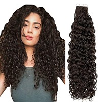 Hetto Curly Hair Extensions Tape In Human Hair Brown Tape On Curly Hair Extensions 14 Inch 2 Darkest Brown Natural Wave Tape In