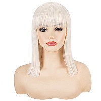 Morvally Short Straight Bob Wig Heat Resistant Hair With Blunt Bangs Natural Looking Cosplay Costume Daily Wigs 14 Blonde