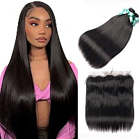 Beauhair Brazilian Straight Hair 3 Bundles With Frontal Closure20 22 2418Frontal 13X4 Ear To Ear Lace Frontal Closure With Bu