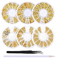 Wokoto 6 Boxes 3D Hollow Gold Nail Decoration Shell Metal Nail Studs Nail Jewels Kit With 1Pc Tweezers And Picker Pencil