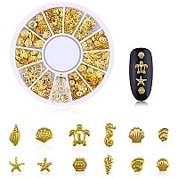 Wokoto 6 Boxes 3D Hollow Gold Nail Decoration Shell Metal Nail Studs Nail Jewels Kit With 1Pc Tweezers And Picker Pencil