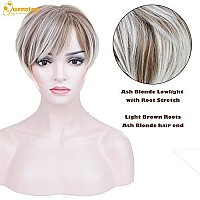 QUEENTAS Pixie Short Blonde Wig with Bangs Pixie Cut Wig Blonde with Dark Roots Synthetic Hair Wigs for White Women (Ombre Brown Blonde)