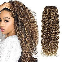 Hetto Curly Extensions Clip in Human Hair Brown Highlight Blonde 4/27 Clip in Hair Extensions Human Hair Natural Curly Human Hair Clip in Extensions 16 Inch 105g+20g 7pcs