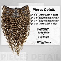 Hetto Curly Extensions Clip in Human Hair Brown Highlight Blonde 4/27 Clip in Hair Extensions Human Hair Natural Curly Human Hair Clip in Extensions 16 Inch 105g+20g 7pcs