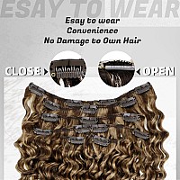 Hetto Curly Extensions Clip in Human Hair Brown Highlight Blonde 4/27 Clip in Hair Extensions Human Hair Natural Curly Human Hair Clip in Extensions 16 Inch 105g+20g 7pcs