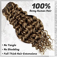 Hetto Curly Extensions Clip in Human Hair Brown Highlight Blonde 4/27 Clip in Hair Extensions Human Hair Natural Curly Human Hair Clip in Extensions 16 Inch 105g+20g 7pcs