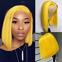 Yellow Bob Wig Glueless Lace Front Human Hair Wigs 8Inch Straight Pre Plucked Peruvian 180 Density Virgin Hair 13X4 Swiss Lace