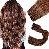 Hair Extensions Clip in Human Hair, Chocolate Brown and Auburn Brown Highlights Hair Extensions Real Human Hair Clip ins, 20 Inch 7 Pieces Straight Double Weft Remy Human Hair Clip in Extensions 70G