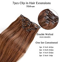 Hair Extensions Clip in Human Hair, Chocolate Brown and Auburn Brown Highlights Hair Extensions Real Human Hair Clip ins, 20 Inch 7 Pieces Straight Double Weft Remy Human Hair Clip in Extensions 70G