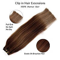 Hair Extensions Clip in Human Hair, Chocolate Brown and Auburn Brown Highlights Hair Extensions Real Human Hair Clip ins, 20 Inch 7 Pieces Straight Double Weft Remy Human Hair Clip in Extensions 70G