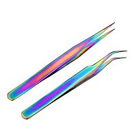 Aysekone 2 Pcs Rainbow Stainless Steel Curved Tweezers + Straight Tweezer for Rhinestones Picker Eyebrow Eyelash Tweezers Manicure Nail Art Tools