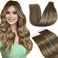 Laavoo Tape In Hair Extensions Human Hair Ombre Hair Extensions Tape In Balayage Brown Fading To Chestnut Brown Mix Golden Brown