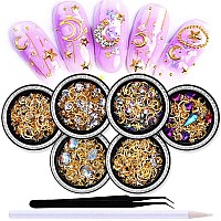 Silpecwee 6 Boxes 3D Nail Rhinestones And Studs Gold Nail Rivets Set Nail Crystals Clear Nail Jewelry Decorations Manicure Kit W