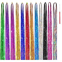 Hair Tinsel Kit 12 Colors 48 Inch 2600 Strands Hair Tinsel Strands Kit With Tools, Fairy Hair Tinsel Heat Resistant Safe Hair Glitter Tinsel Hair Extensions (12Colors, 2600 Strands)