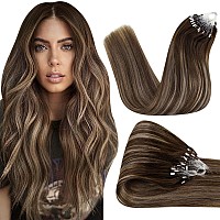 Hetto Balayage Micro Ring Hair Extensions Dark Brown Ombre To Ash Blonde Hair Micro Loop Extensions Remy Human Hair 16 Inch Invi