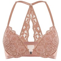 DOBREVA Womens Push Up Bra Racerback Front closure Bras Lace Padded Underwire Plunge Floral cream coffee 36AA