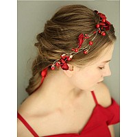 Chargances Wedding Bride Floral Red Headband Crystal Gold Hair Vine with Pearl Rhinestone Hair Accessory Boho Delicate Hair Piece Jewelry for Women and Girls