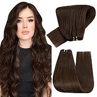 Hetto Sew in Weft Extensions Remy Human Hair 20 Inch Brown Color Brazilian Straight Hair Weft Double Wefted Weave Bundles Brazalian Human Hair Extensions for Women 100g