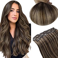 Runature 20 Inch Human Hair Clip In Extensions Dark Brown Highlight Ash Brown Clip In Hair Extensions Real Human Hair For Women