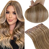 RUNATURE Real Hair Extensions Clip in Human Hair Golden Blonde Highlight with Golden Brown Lace Clip in Extensions 20 Inch Long Hair Extensions Clip in Natural Hair 50g 3pcs