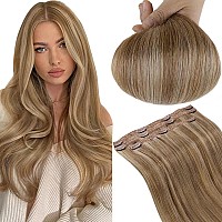 Runature Clip In Extensions Real Human Hair Blonde Highlight 12 Inch Caramel Blonde With Dark Blonde Hair Extensions Clip In Hum