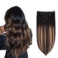 5 Pieces 18 Remy Clip In Hair Extensions Human Hair Natural Black To Chestnut Brown Highlight Black Ombre Silky Straight Shor