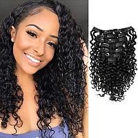 Anrosa Water Wave Clip In Hair Extensions Human Hair Natural Black 1B Double Weft Water Wave Curly Clip Ins Extensions For Black