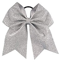 Glitter Cheer Bows - Cheerleading Softball Gifts for Girls and Women Team Bow with Ponytail Holder Complete your Cheerleader Outfit Uniform Strong Hair Ties Bands Elastics by Kenz Laurenz (1) (Silver)