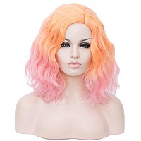 Cying Lin Short Bob Wavy Curly Wig Ombre Pink Wig For Women Cosplay Halloween Wigs Heat Resistant Bob Party Wig Include Wig Cap (Ombre Pink)