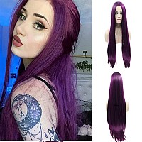 Xiweiya Eggplant Purple Wigs Long Straight Silky Soft Aubergine Purple Synthetic Lace Front Wigs 13X3 Lace Middle Part With Heat