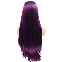 Xiweiya Eggplant Purple Wigs Long Straight Silky Soft Aubergine Purple Synthetic Lace Front Wigs 13X3 Lace Middle Part With Heat