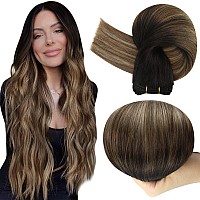 Full Shine Ombre Human Hair Weft Extensions Color Off Blackto Dark Brown Mix Caramel Brown Sew In Hair Extensions Human Hair Double Weft Hair Extensions Soft Silky Straight Hair 105G 16 Inch