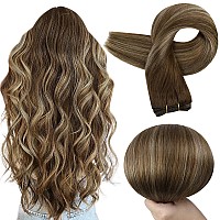 Full Shine Brown Hair Extensions Real Human Hair Weft Hair Extensions Color Medium Brown To Blonde Mix Mocha Brown Hair Weft Sew In Hair Extensions Real Human Hair Remy Hair Bundles 105G 20 Inch