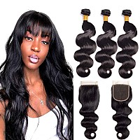 9A Brazilian Hair Body Wave 3 Bundles With Closure Virgin Human Hair Weave With Lace Closure Free Part Natural Black 22 24 262