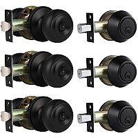 home improvement direct 3 Pack Keyed Alike Entry Door Knobs and Single cylinder Deadbolt Lock combo Set Security for Entrance and Front Door with classic Matte Black Finish