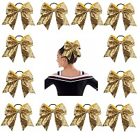 Oaoleer 12PCS 7'''' Large Glitter Cheer Hair Bows Ponytail Holder Elastic Band Handmade for Cheerleading Teen Girls College Sports (Gold),Kid