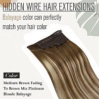 Sunny Wire Hair Extensions Human Hair Ombre 80G Hidden Wire Real Human Hair Extensions Medium Brown Mix Platinum Blonde Balayage