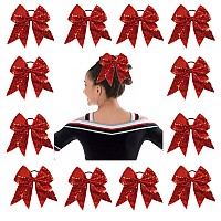 Oaoleer 12Pcs 7 Large Glitter Cheer Hair Bows Ponytail Holder Elastic Band Handmade For Cheerleading Teen Girls Sports Red