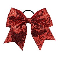 Oaoleer 12Pcs 7 Large Glitter Cheer Hair Bows Ponytail Holder Elastic Band Handmade For Cheerleading Teen Girls Sports Red