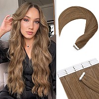 Tape In Hair Extensions Real Human Hair 20Pcs 30G 100 Remy Hair Extensions Of Balayage Light Brown Seamless Straight Double Sid