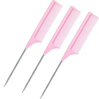 3 Packs Rat Tail Comb Steel Pin Rat Tail Carbon Fiber Heat Resistant Teasing Combs with Stainless Steel Pintail (Pink)