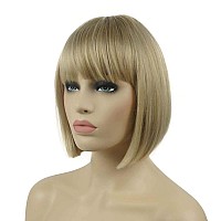 Lydell 8 Straight Short Bob Hair Flat Bangs Cute Central Dot Skin Top Heat Resistant Synthetic Wigs 15Bt613 Blonde Mix