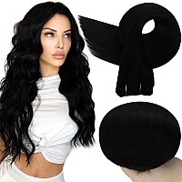 Full Shine Weft Hair Extensions Human Hair Black 18inch Jet Black #1 Human Hair Weft Bundles Natural Black Remy Human Hair Extensions Double Weft 105G